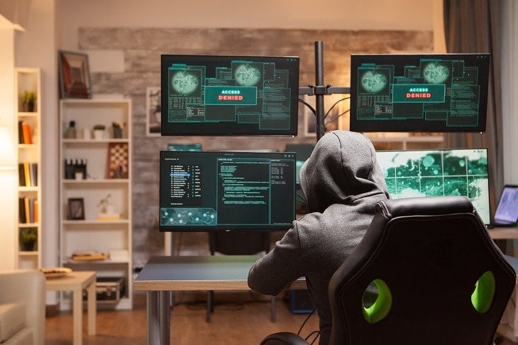 access denied for male hacker wearing a hoodie S99ZU7S